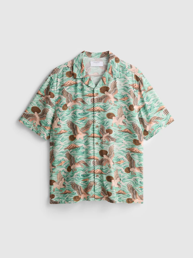 Bird-Print Short-Sleeve Button-Down Shirt