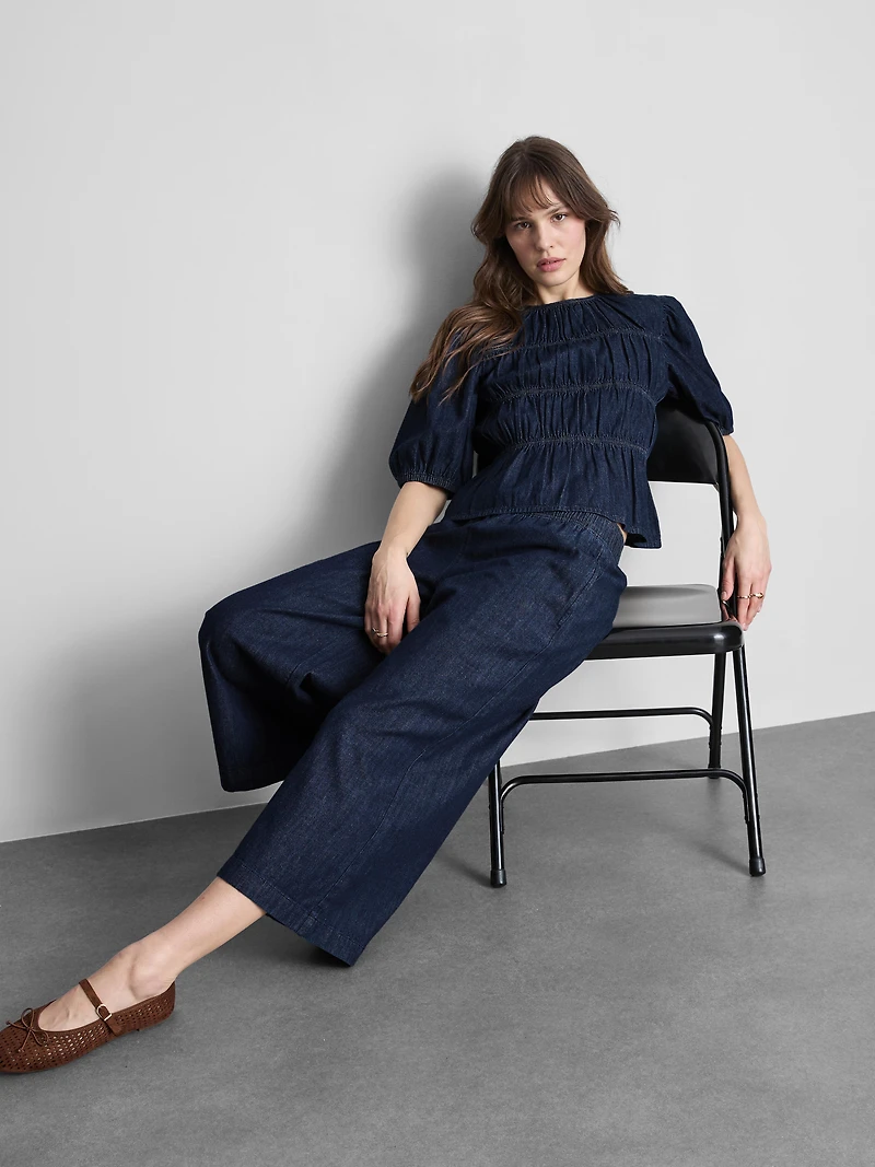 Shirred Balloon-Sleeve Denim Top