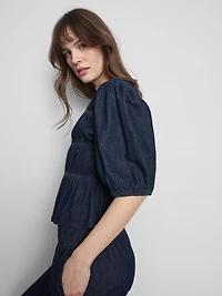 Shirred Balloon-Sleeve Denim Top