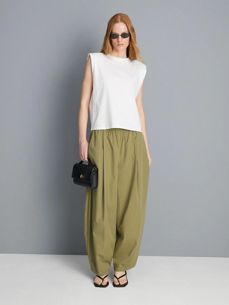 Paper-Touch Pleated Barrel-Leg Pants