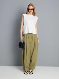 Paper-Touch Pleated Barrel-Leg Pants