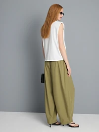 Paper-Touch Pleated Barrel-Leg Pants