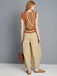 Paper-Touch Pleated Barrel-Leg Pants