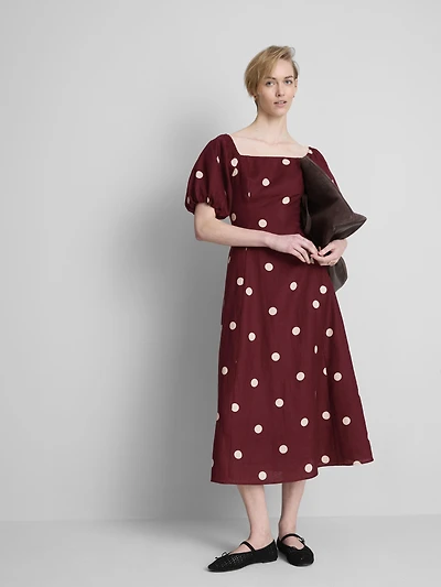 The Edit Linen Puff-Sleeve Midi Dress
