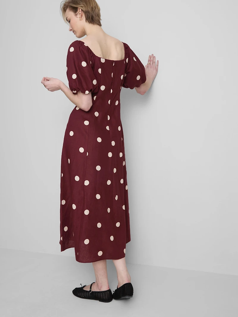 The Edit Linen Puff-Sleeve Midi Dress