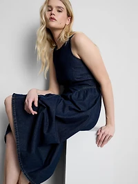 Cotton Denim Drop Waist Midi Dress