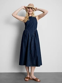 Cotton Denim Drop Waist Midi Dress