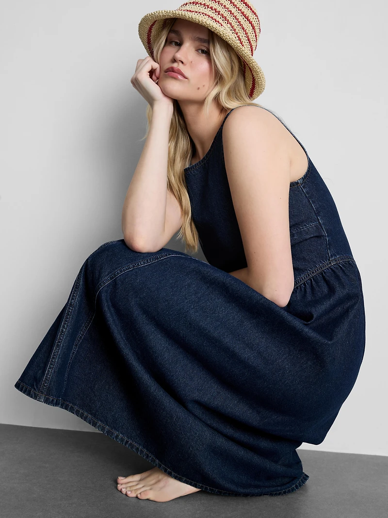 Cotton Denim Drop Waist Midi Dress