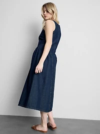 Cotton Denim Drop Waist Midi Dress