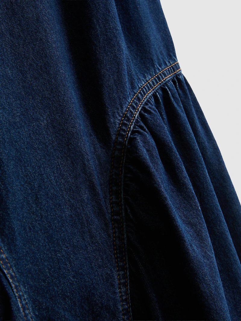 Cotton Denim Drop Waist Midi Dress