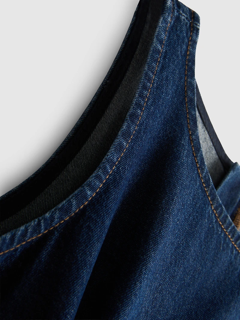 Cotton Denim Drop Waist Midi Dress