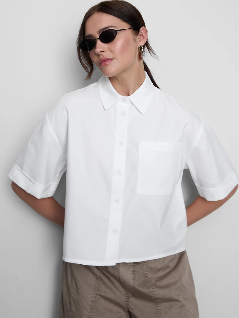 Cropped Boxy Short-Sleeve Oxford Shirt