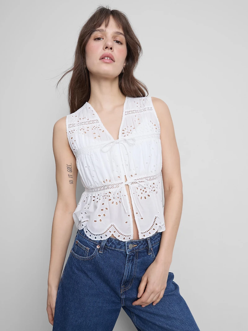 Cotton Broderie Tie Front Top