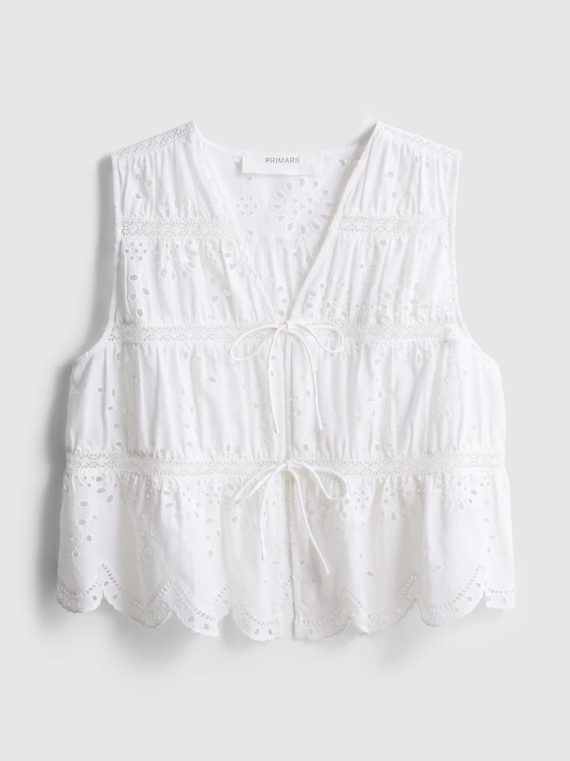 Cotton Broderie Tie Front Top