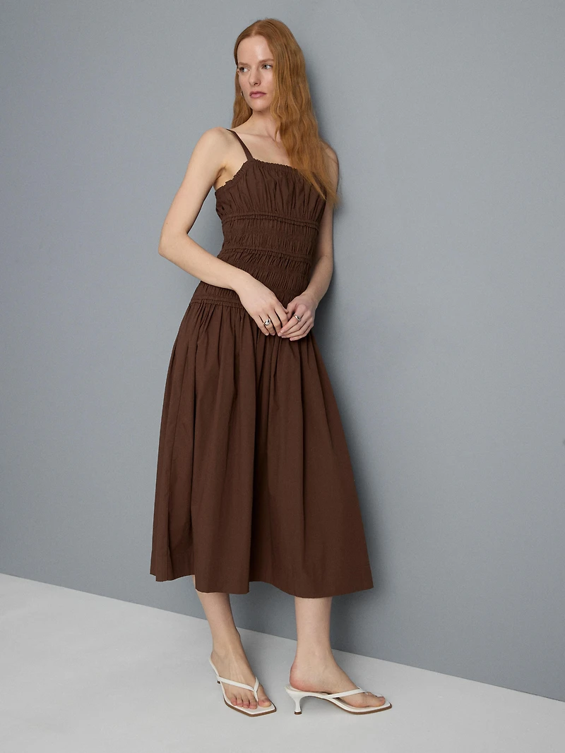 Cotton Square Neck Ruched Midi Dress