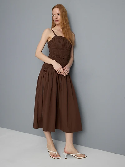 Cotton Square Neck Ruched Midi Dress