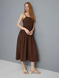 Cotton Square Neck Ruched Midi Dress