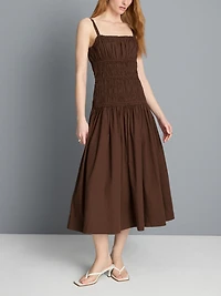 Cotton Square Neck Ruched Midi Dress