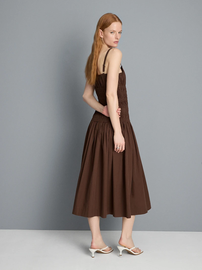Cotton Square Neck Ruched Midi Dress