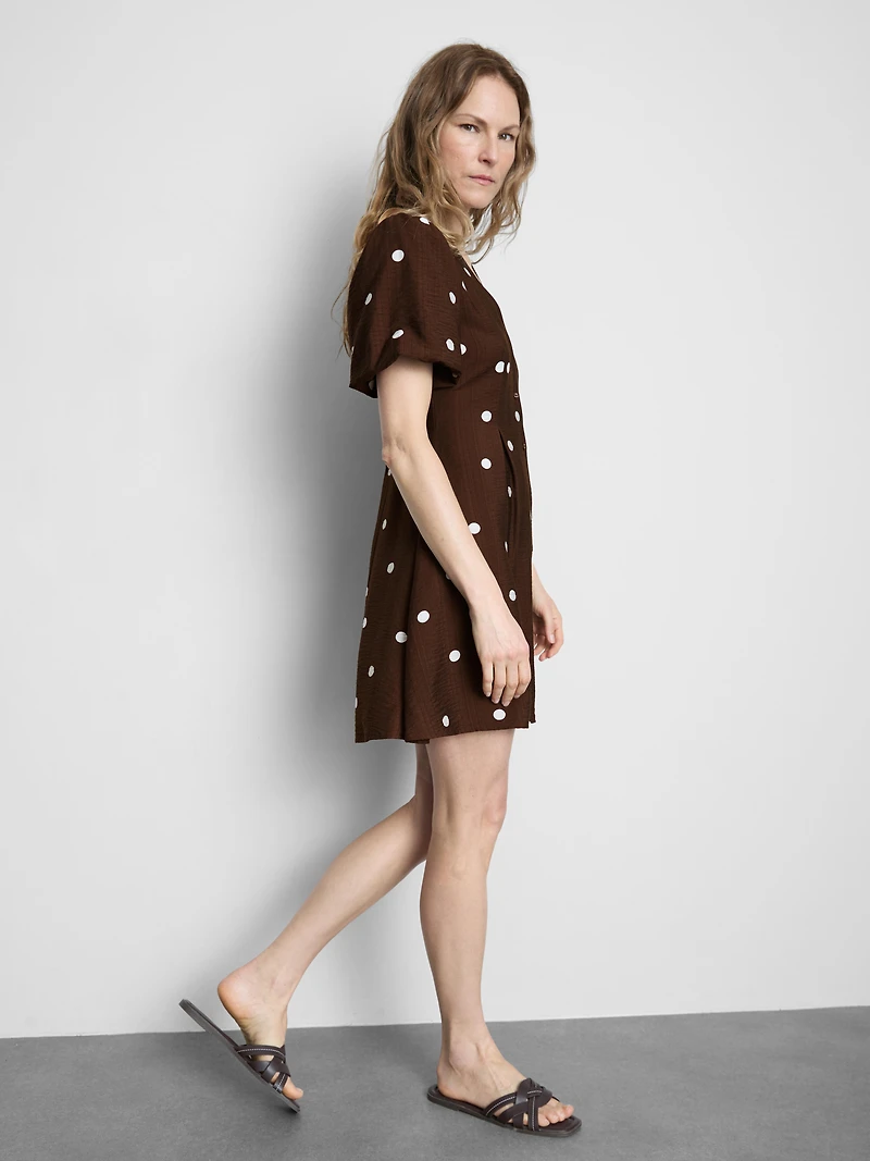 Button-Up Puff-Sleeve Mini Dress