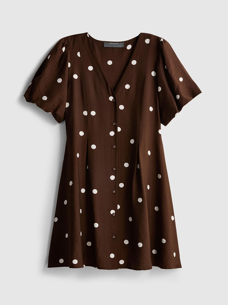 Button-Up Puff-Sleeve Mini Dress