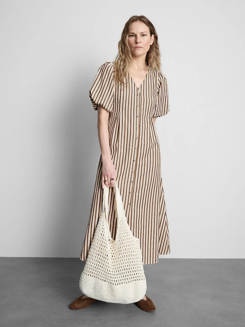 Striped Puff-Sleeve Midi Dress