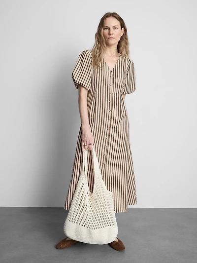 Striped Puff-Sleeve Midi Dress