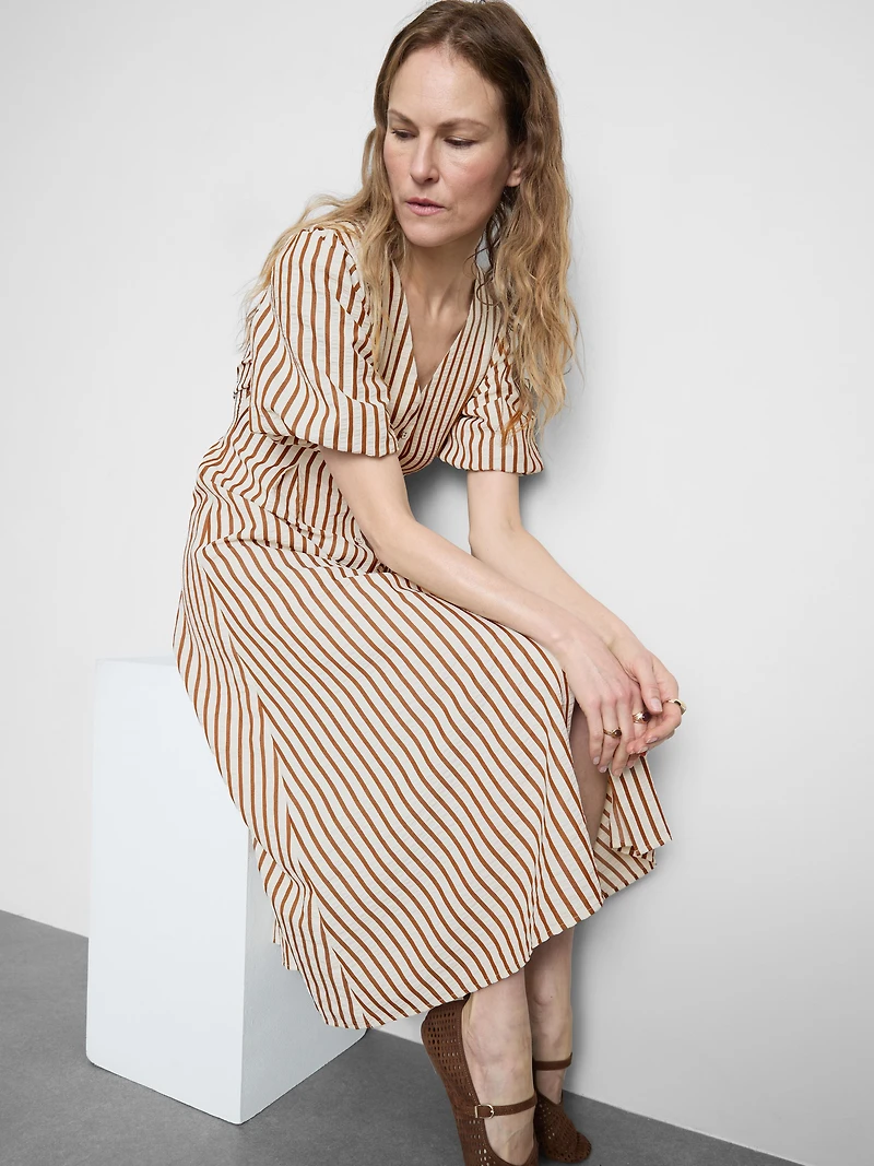 Striped Puff-Sleeve Midi Dress