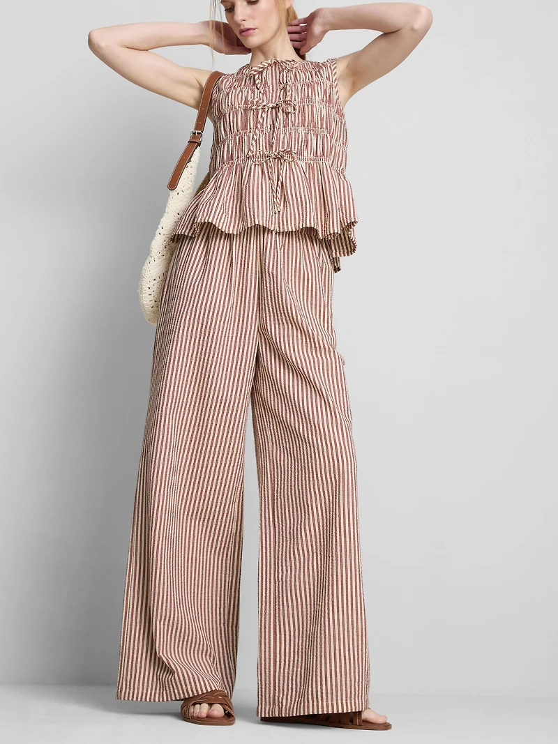 Cotton Striped Wide-Leg Seersucker Pants