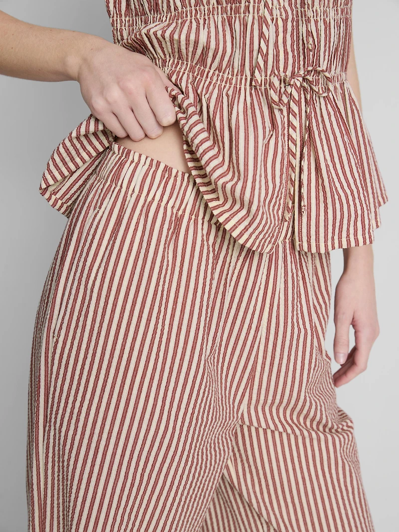 Cotton Striped Wide-Leg Seersucker Pants