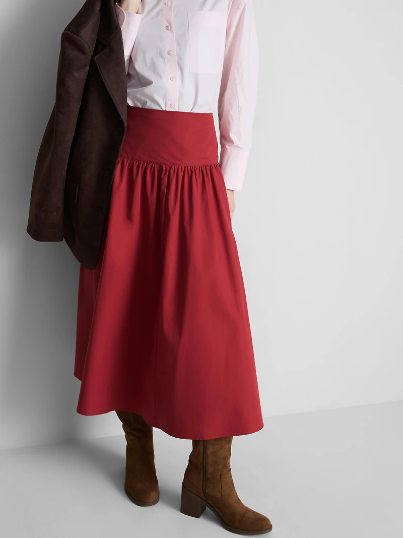 Cotton Drop-Waist Poplin Midi Skirt