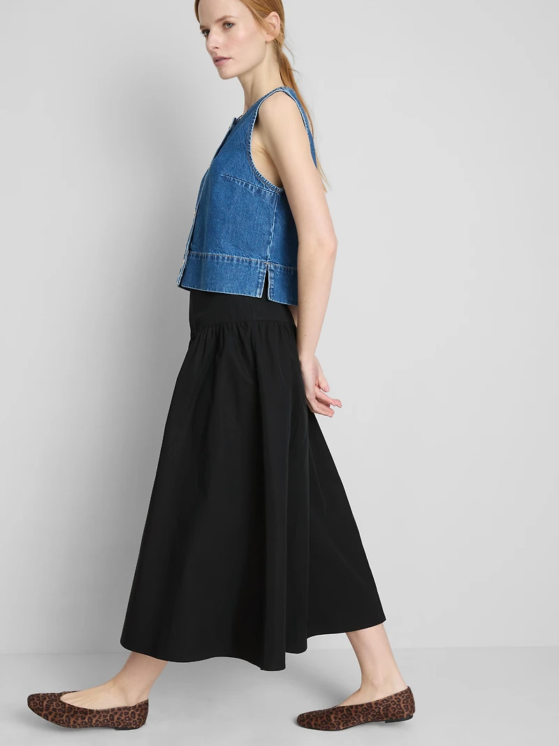 Cotton Drop-Waist Poplin Midi Skirt