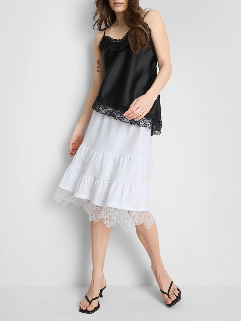 Cotton-Rich Tiered Lace Midi Skirt