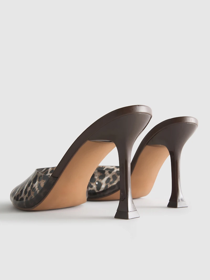Leopard Print Clear Strap Stiletto Mule Heels