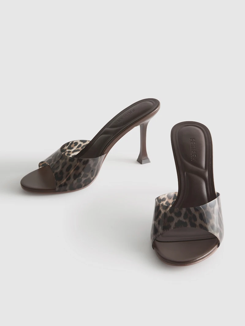 Leopard Print Clear Strap Stiletto Mule Heels