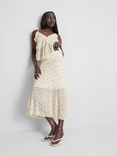 Cotton-Blend Textured Floral Midi Skirt