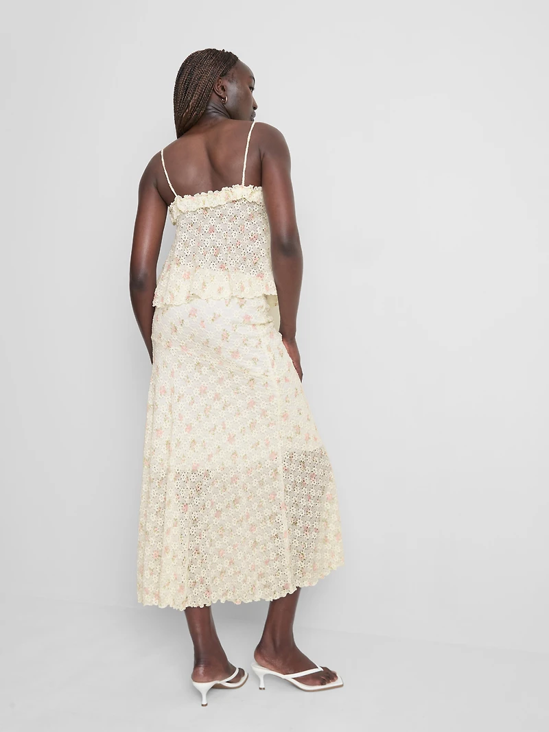 Cotton-Blend Textured Floral Midi Skirt
