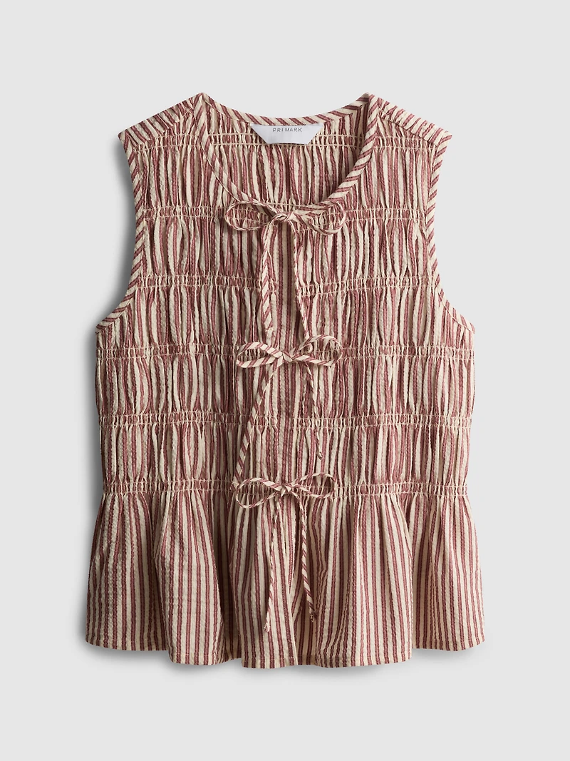 Ruched Seersucker Tie-Detail Top