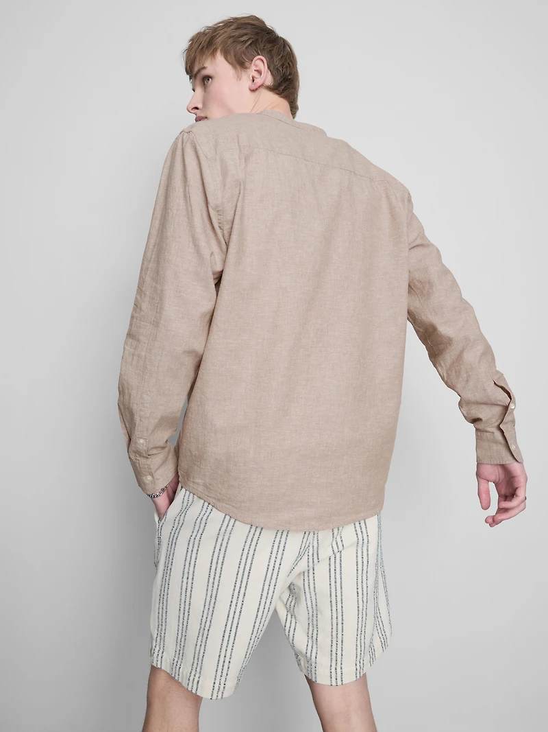Linen-Blend Grandad Collar Shirt
