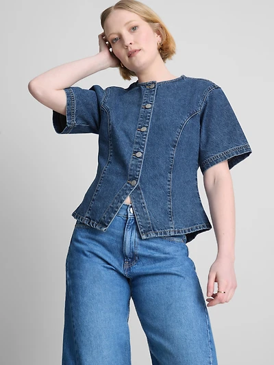 Cotton Denim Cinched Short Sleeve Top