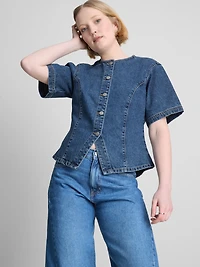 Cotton Denim Cinched Short Sleeve Top