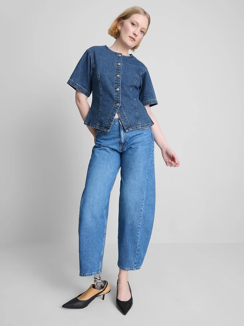Cotton Denim Cinched Short Sleeve Top
