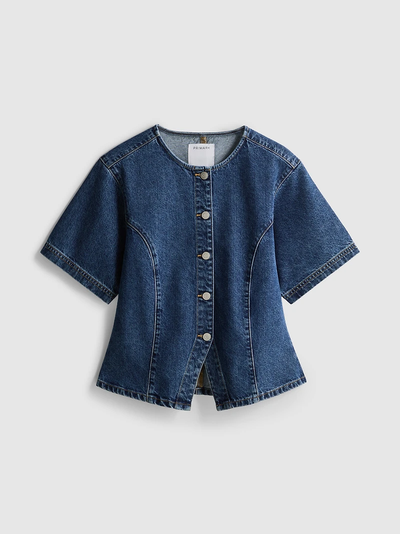 Cotton Denim Cinched Short Sleeve Top