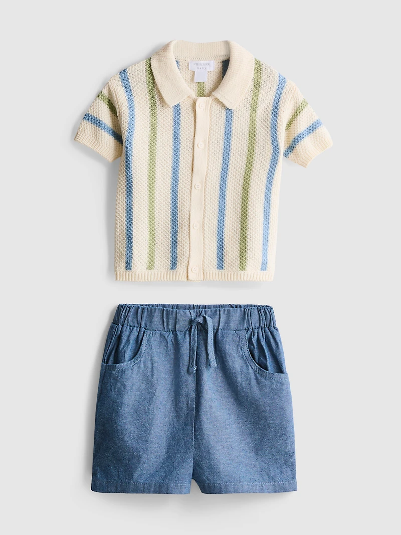 0-12mths | Striped Knit Polo Shirt And Shorts Set
