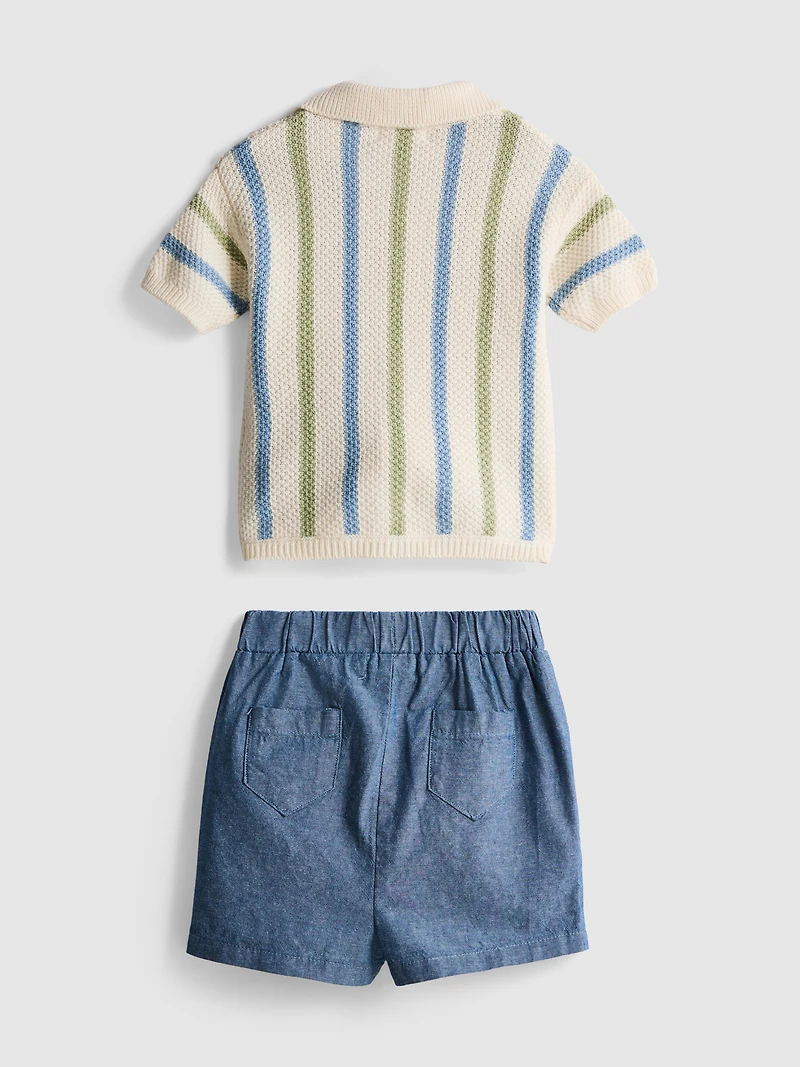 0-12mths | Striped Knit Polo Shirt And Shorts Set