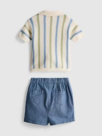 0-12mths | Striped Knit Polo Shirt And Shorts Set