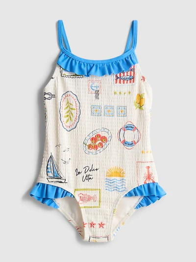 1-9yrs | Postcard Print Ruffle Swimsuit