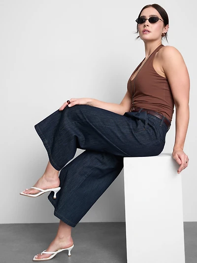 Cotton Denim Belted Culotte Pants