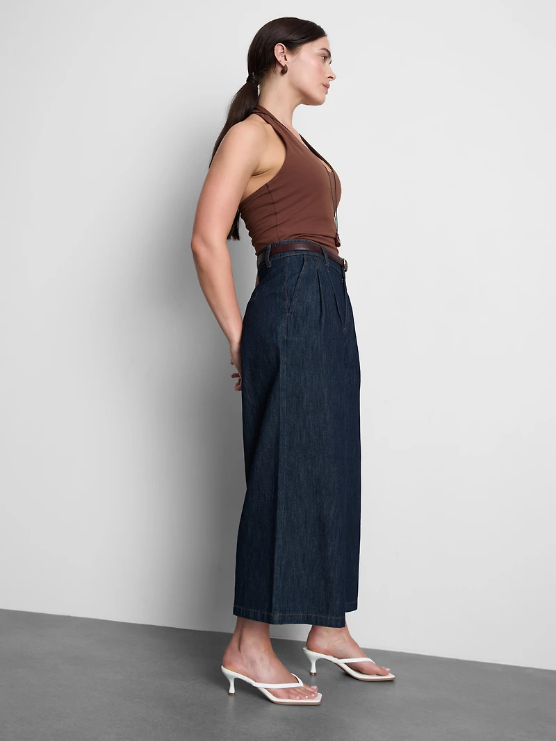 Cotton Denim Belted Culotte Pants