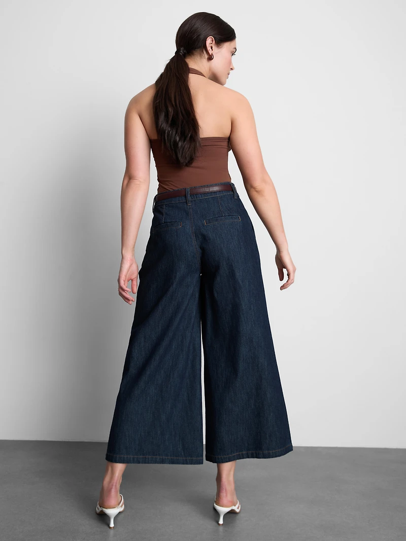 Cotton Denim Belted Culotte Pants
